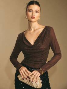 Poéselle 棕色水钻高领网纱上衣 – 闪亮长袖派对上衣，棕色，适合假日和夜间外出造型，2025年假日派对新年夜上衣，闪亮鸡尾酒会上衣，夜间外出 - 棕色 - 查看 2