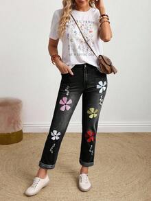 EMERY ROSE Plus Size Women Floral Embroidery Pocket Skinny Casual Jeans - Black - View 6