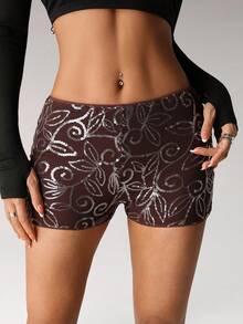 SHEIN ICON Quần short bó sát cạp thấp đính sequin lấp lánh phong cách Goth cổ điển màu nâu Y2K dành cho nữ - màu nâu - Xem 4