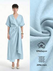 Aalyst 赭石色简约休闲编织裹身 V 领蝙蝠袖宽松长裙，天然舒适面料，春夏 - 藍色 - 查看 8