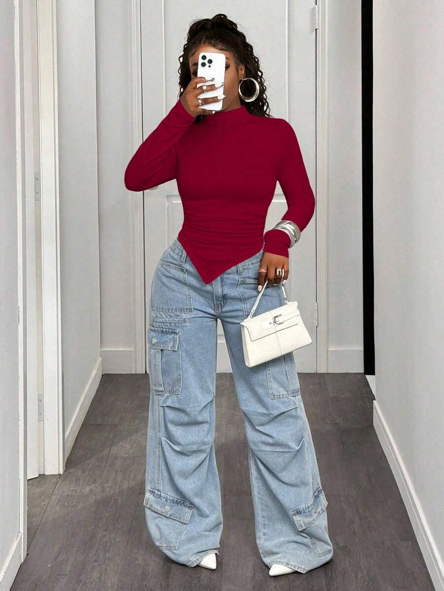 BamGleam Women Solid Color Collared Long Sleeve Fitted Asymmetrical Hem T-Shirt Fall Cloth For Women - Burgundy - View 1
