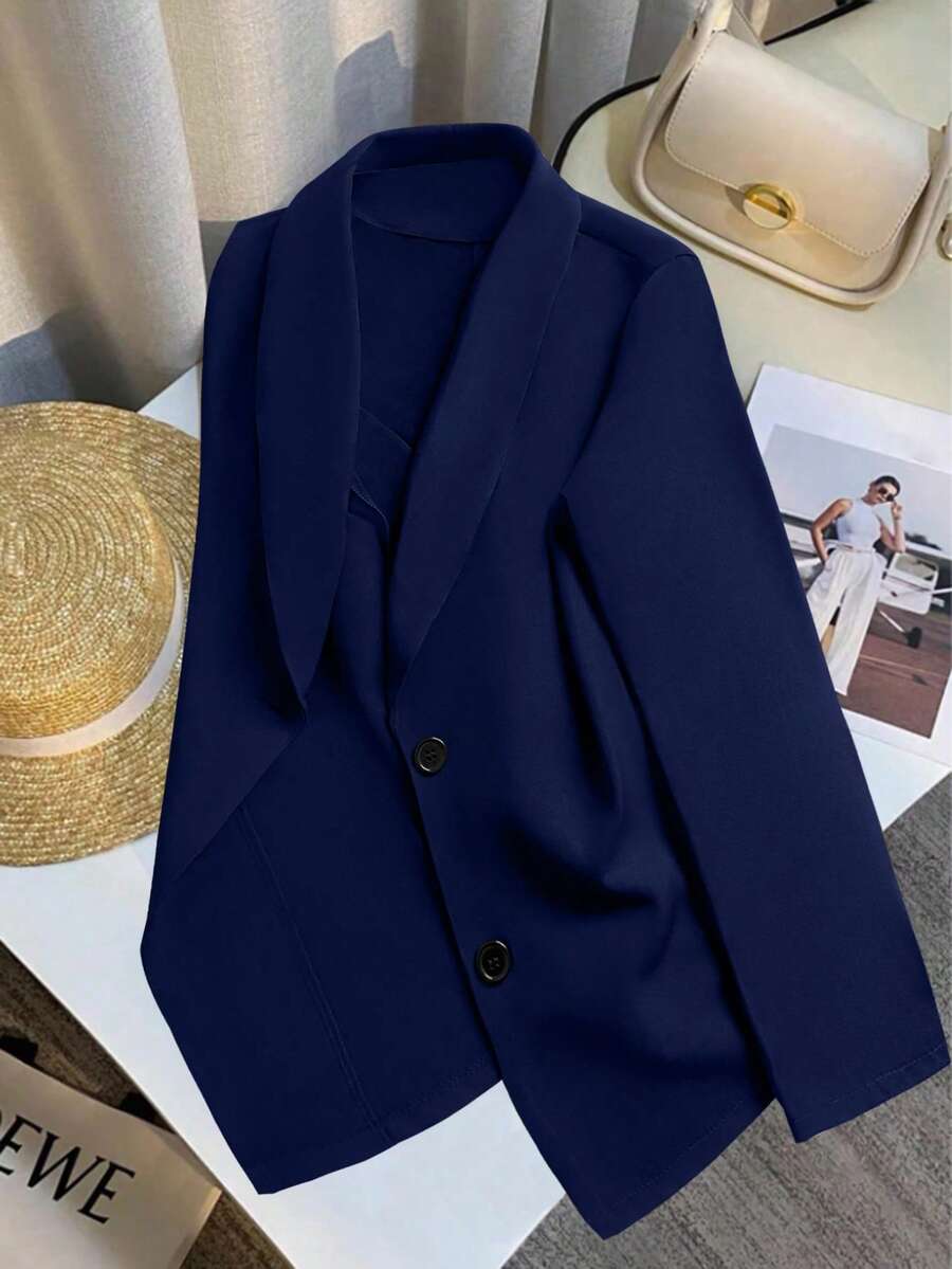 Franclia 女式黑色长袖修身性感西装外套，冬季 - 藏蓝色 - 查看 1