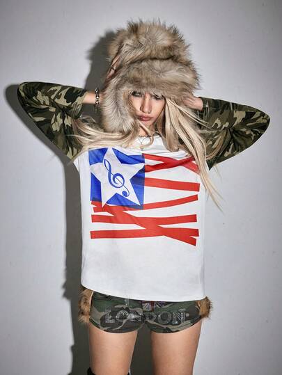 ROMWE Avant Maglietta a maniche lunghe con stampa mimetica vintage stile strada americana, stile Y2K Baddie, per donne