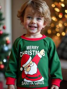 Sudadera con cuello redondo y mangas raglán con estampado de letras de dibujos animados y Papá Noel para bebé niño - Verde - Ver 4