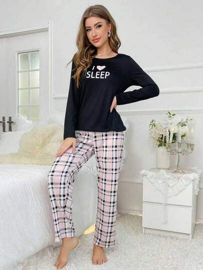 Letter Graphic Tee Plaid Pants PJ Set Pajama Set, Fall Clothes view 5