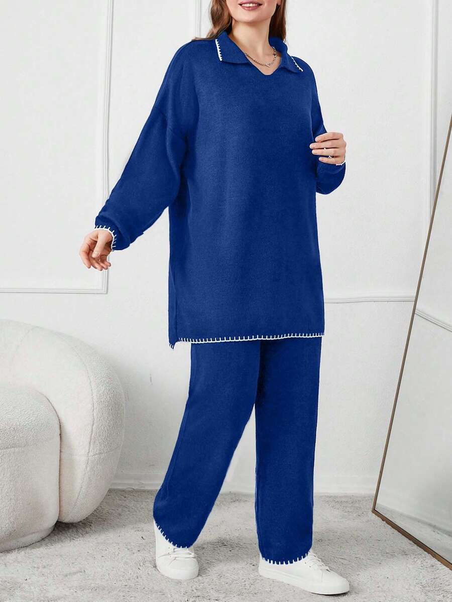 EURMUSE Detailed Black And Whıte Plus Size Swetaer Co-Ords - Royal Blue - View 1