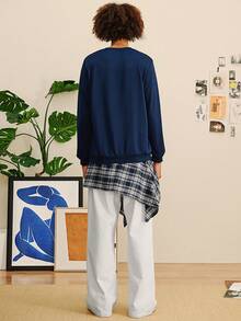 Open Phase 男士花卉字体复古美式圆领卫衣 | 芝加哥字母印花 | 休闲街头服饰，秋冬 - 藏蓝色 - 查看 5