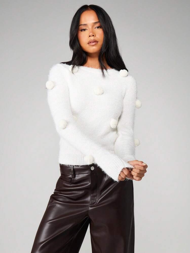 MISSGUIDED 폼폼 디테일이 있는 푹신한 니트 스웨터 긴 소매 아늑한 겨울 풀오버 크롭 점퍼
