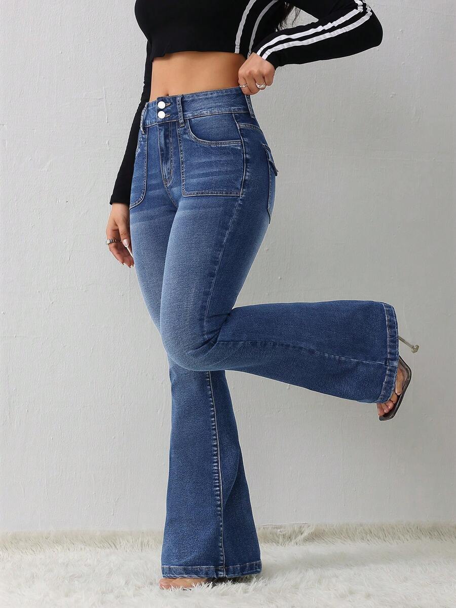 SHEIN Tall 女士牛仔裤 休闲紧身弹力喇叭牛仔裤 - 中等水洗藍 - 查看 1