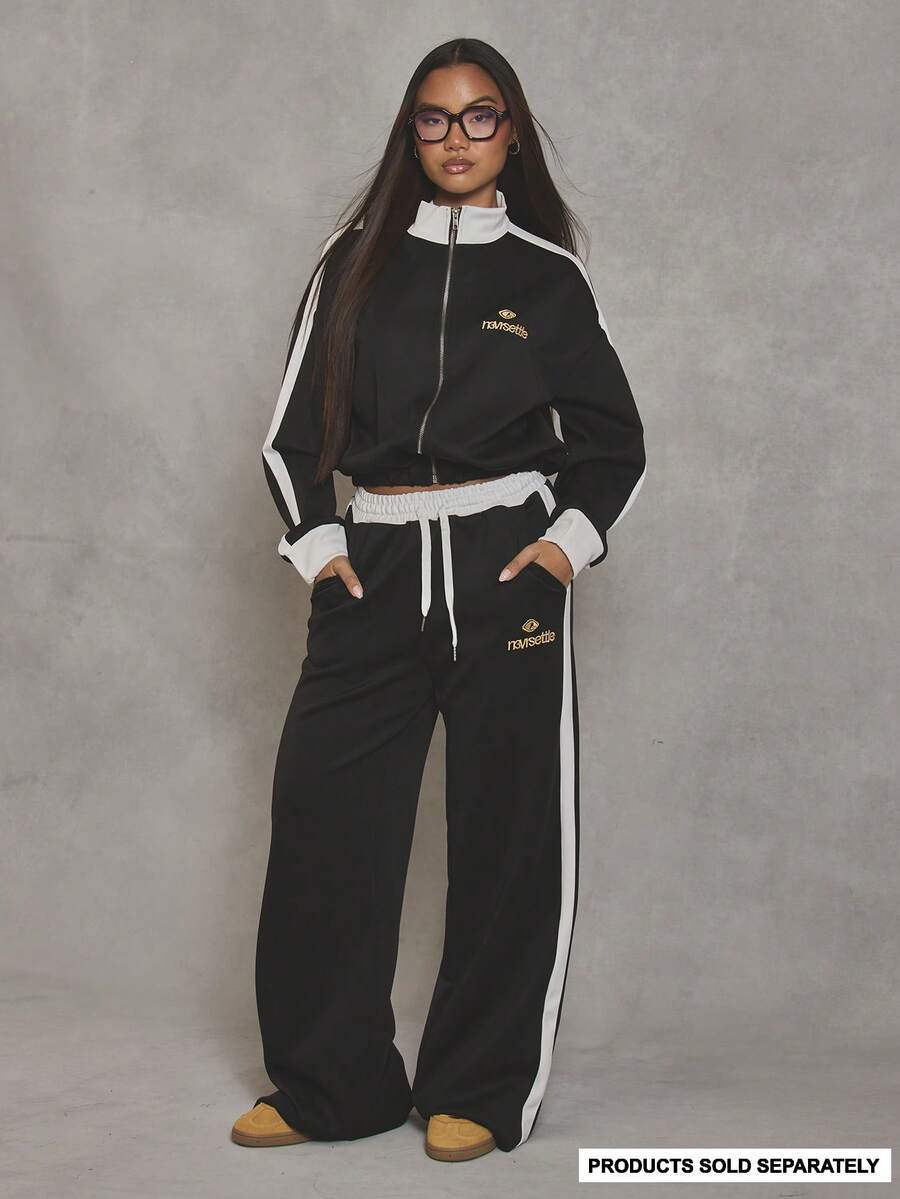 MUSERA 阔腿撞色印花标语运动裤，酷女孩街头风日常秋季学院风1997秋冬休闲装 - 黑與白 - 查看 1