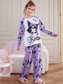 HELLO KITTY AND FRIENDS | SHEIN 2件組 青少年女孩可愛卡通圖案圓領插肩袖上衣與寬鬆長褲休閒睡衣套裝 紫色套裝 3件組 - 彩色 - 查看 3
