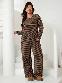 Solflare Plus Size Women Striped Round Neck Long Sleeve T-Shirt And Waist Tie Wide Leg Pants Casual 2 Pieces Set - Multicolor - View 6
