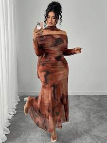 SHEIN Elenzya Đầm lưới in họa tiết tie-dye dáng rộng thanh lịch, tay dài trễ vai, thắt eo, cỡ lớn dành cho nữ, mùa thu/đông - Nhiều màu - Xem 1