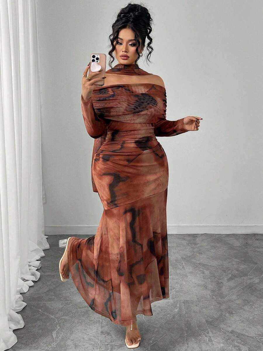 SHEIN Elenzya Đầm lưới in họa tiết tie-dye dáng rộng thanh lịch, tay dài trễ vai, thắt eo, cỡ lớn dành cho nữ, mùa thu/đông - Nhiều màu - Xem 1