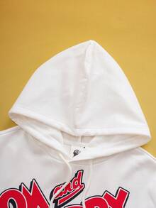 TOM & JERRY X SHEIN 男士可爱卡通图案抽绳连帽衫和裤子套装，秋季 - 白色 - 查看 4