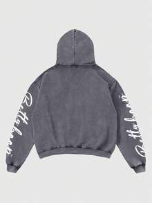 ROMWE MEN Betty Boop | ROMWE 男士印花水洗连帽衫，宽松短款，长袖上衣