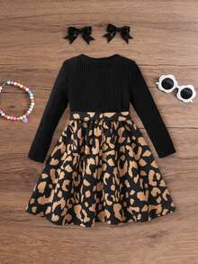 SHEIN Young Girls' Knitted Crew Neck Patchwork Leopard Print Casual Dress, Jacquard Leopard Print Long Sleeve Dress, Suitable For Autumn/Winter - Multicolor - View 14