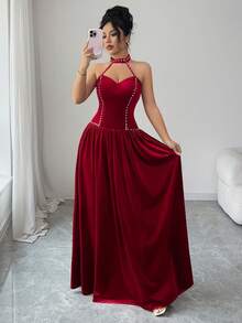 SHEIN Elenzya 无袖细肩带腰部收紧珍珠装饰 A 字形天鹅绒优雅浪漫精致女士派对礼服，适合聚会、派对、圣诞节 - 紅色 - 查看 7