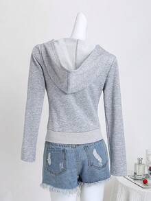 SHEIN Unity Áo nỉ trùm đầu có khóa kéo Sweetro dáng ôm thường ngày dành cho nữ - Xám - Xem 2