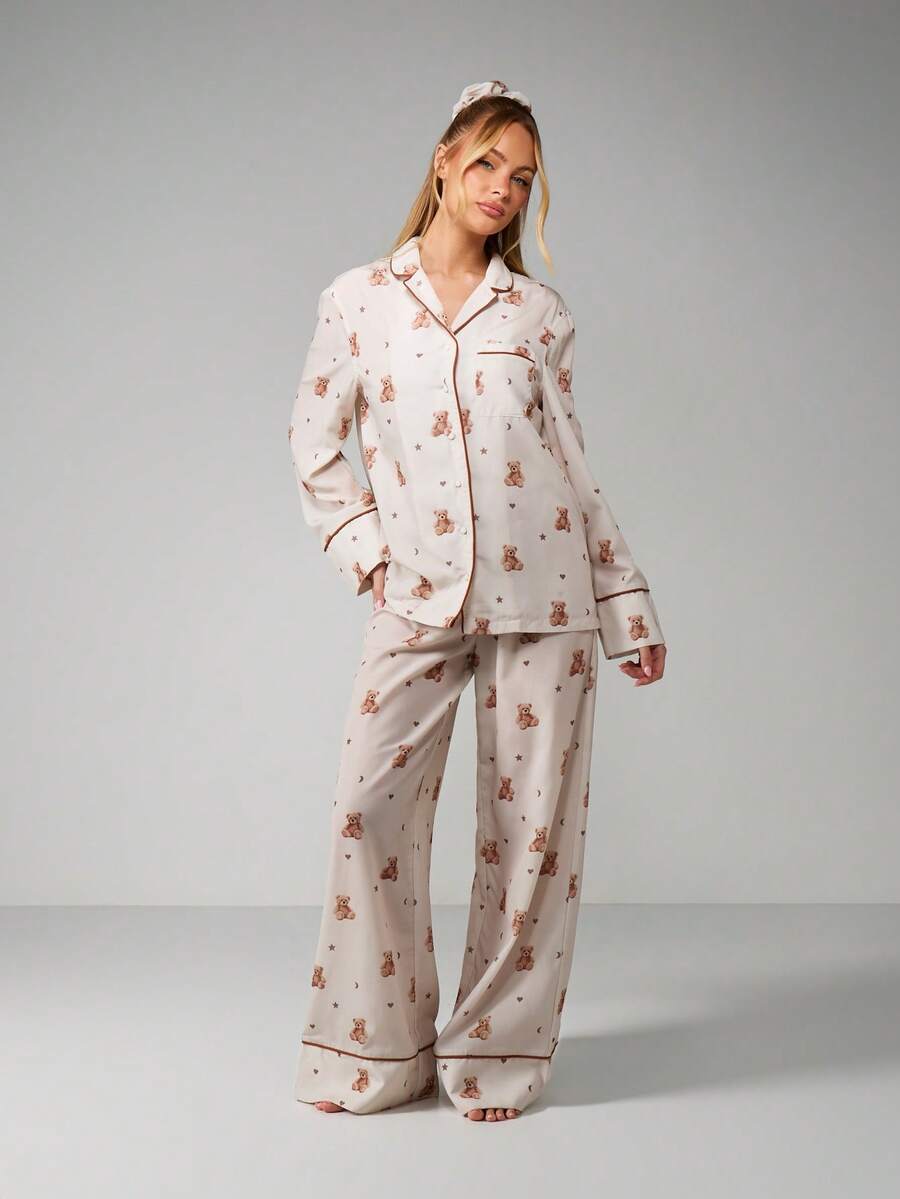 MISSGUIDED Christmas Teddy Bear Print Button Front Pajama Set Long Sleeve Sleep Lounge Wear - Multicolor - View 1