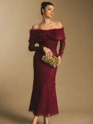 Poéselle Burgundy Dress,Burgundy Off-Shoulder Lace Maxi Dress For Women, Elegant Feather-Trim Neckline Stretch Lace Evening Gown With Long Sleeves For Formal Events,Women's Elegant Off Shoulder Mermaid Dress For Party Off Shoulder Formal Dress Maroon Formal Dress Burgundy Formal Dress Women Red Wine Dress Burgundy Dresses Elegant For A Wedding,Winter Dress