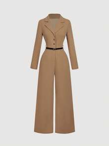 SHEIN MOD 长袖翻领前开腰带连体裤 - 卡其色 - 查看 5