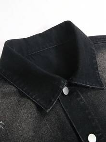 Manfinity Homme Casual Street Utility Washed Black Slim Fit Loose Rhinestone Splatter Distressed Denim Barn Jacket, Spring/Autumn - Grey - View 6