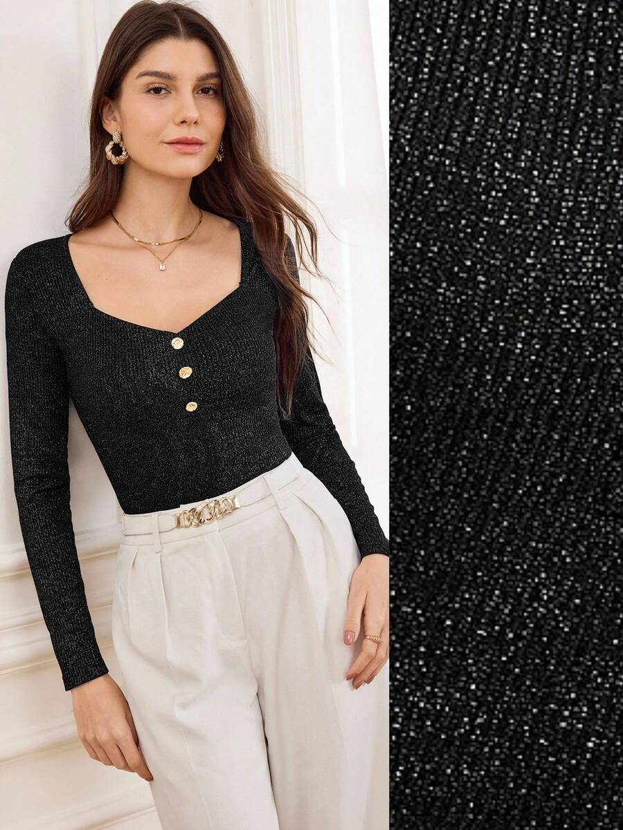 Miaspire Elegant Fitted Women's Top, Autumn/Winter Metallic Accent Elegant T-Shirt, Silky Fabric Versatile Black Knit Sweater, Elegant Base Layer - Black - View 1