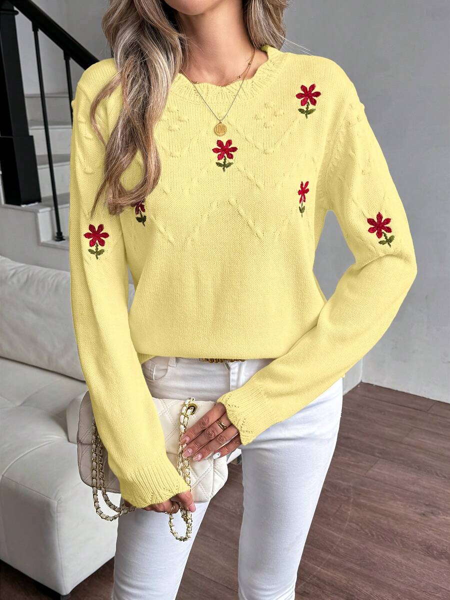 SHEIN LUNE 女士刺绣优雅花卉宽松休闲针织毛衣,适合情人节 - 淡黃色 - 查看 1