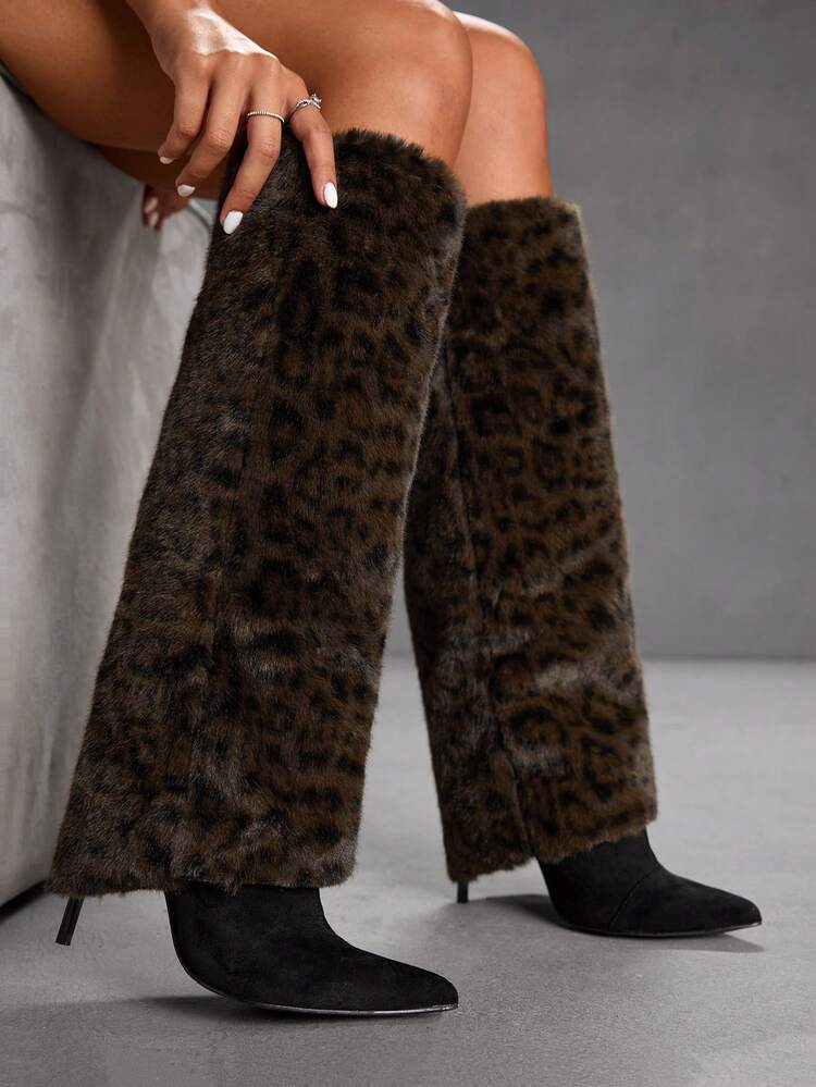 CUCCOO SZL Women's Fashion Black Faux Fur Decor Wide Leg Pointed Toe Stiletto Knee-High Boots