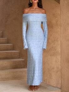 Opulessa Women's Jacquard Off Shoulder Long Sleeve Fitted Elegant Dress, Long Sleeve Light Blue Dress, Off Shoulder Dress, Periwinkle Dress, Chic Elegant Dress For Party, Summer Outfits, Valentine's Day, Beach Dress, Elegant Wedding Guest Dress, Birthday Dress, Casual Dresses, Vacation Outfits, Going Out Dress - Blue - View 4