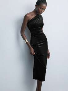 Maija Sukienka damska z asymetrycznymi ramionami i ściągaczem w talii, w jednolitym kolorze, do pracy w mieście, na co dzień, do biura, elegancka sukienka na imprezę świąteczną, sukienka noworoczna