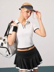 Gameset SHEIN Sport Women's Colorblock Short Sleeve Casual Daily Fitness Sports Polo - Black and White - View 5