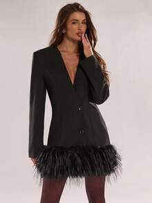 SHEIN BAE 女式纯色双排扣仿皮草下摆时尚西装外套 - 黑色 - 查看 5