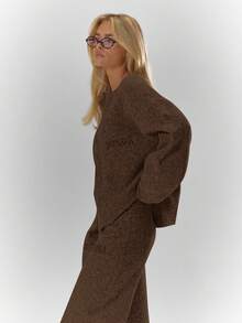 MUSERA Oversized Rib Knit Embroidered Zip Through Long Sleeve Cardigan Only Cosy Cute Casual Coffee Club Evening Party Elegant - Chocolate Brown - View 4