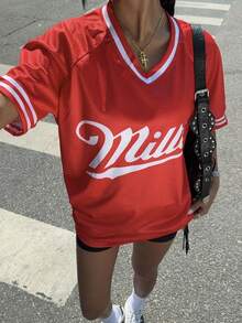 INAWLY Áo thun nữ cổ chữ V in chữ cỡ lớn dáng rộng năng động lấy cảm hứng từ múa ba lê - Nhiều màu - Xem 1