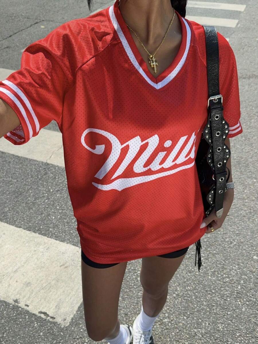 INAWLY Áo thun nữ cổ chữ V in chữ cỡ lớn dáng rộng năng động lấy cảm hứng từ múa ba lê - Nhiều màu - Xem 1