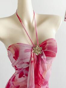 Soleia 女士度假针织网眼渐变浪漫修身挂脖系带金属扣装饰鱼尾长裙，适合派对、约会、下午茶，性感优雅 - 粉色 - 查看 3