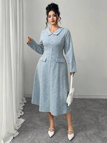 Elenzga Robe longue à manches longues, taille A, avec boutons de perle décoratifs sur le col et la taille, pour femmes de grande taille, élégante pour les fêtes, le thé de l'après-midi ou le Nouvel An