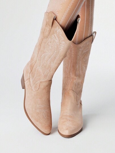 Fairycore Women's Cowboy Boots, New Spring & Autumn Suede Apricot Pointed Toe Embroidered Western Boots, Pull-On Style