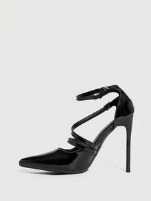 CUCCOO SZL 女士黑色尖头细高跟性感派对踝带镂空高跟鞋 - 黑色 - 查看 10