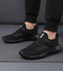 Tenis deportivo para hombre transpirable tejido volador punta redonda sin cordones suela ligera estilo urbano para correr entrenamiento tenis - Negro - Ver 3