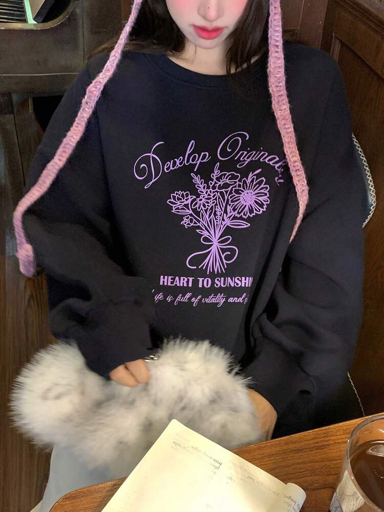 Women's Round Neck Fleece Sweatshirt With Printed Pattern, Loose Fit Streetwear Pullover Sweatshirt, Autumn/Winter