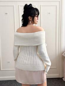 CovetEZ 圣诞性感露肩长袖针织毛衣，甜美迷人，适合圣诞派对穿着，秋冬 - 白色 - 查看 2