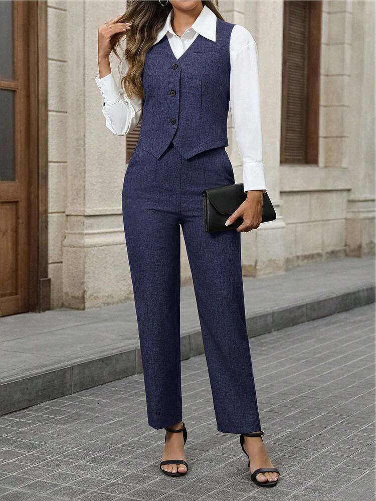 Conjunto de 2 piezas de chaleco y pantalón de unicolor con un solo abotonado para mujer de talla grande, ropa de mujer para otoño, vuelta al colegio, casual de negocios, modesta, ropa de oficina para mujer, atuendos de maestra, ropa de otoño para talla grande, atuendos casuales de negocios para mujer con curvas