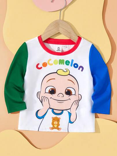 CoComelon X SHEIN Baby Boy Cartoon Cute Figure Graphic Colorblock Round Neck Long Sleeve Knit Casual T-Shirt