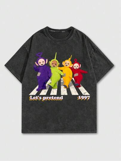 Teletubbies X ROMWE Men's Cartoon Pattern Round Neck Short Sleeve T-Shirt