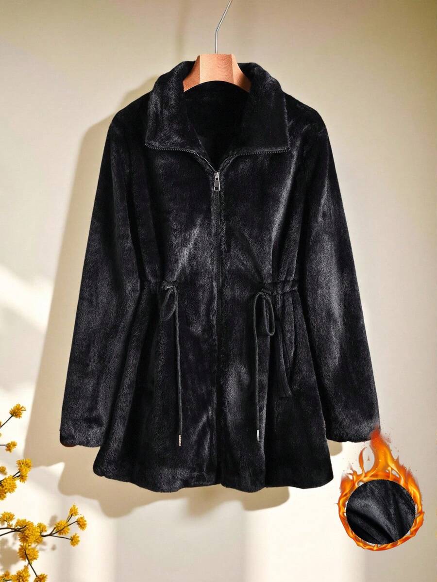 Rusticease Jachetă de iarnă caldă și casual pentru femei, culoare solidă, cu fermoar și șnur, în talie