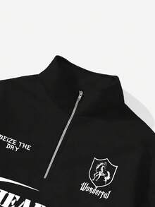 Attitoon Women's Casual Loose Letter Print Pullover, Half Zip , Suitable For Autumn And Winter - Black - View 5