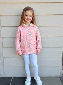 Elladie kids 年轻女孩卡通兔子印花连帽羊毛夹克，适合休闲外出和度假，适合秋冬季 - 粉色 - 查看 2